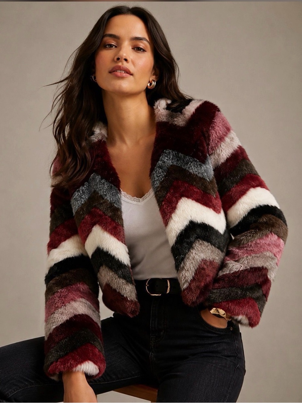 Sugarlips Chevron Faux-Fur Teddy Jacket in Burgundy, Black & Cream
